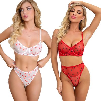 Comfortable Bra And Panty Lingerie Sets Red White 2 Pieces Underwire Heart Printed