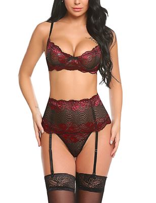 Black High Waisted Underwear And Bra Set Panty Underwire Lingerie Garter Belt Lace