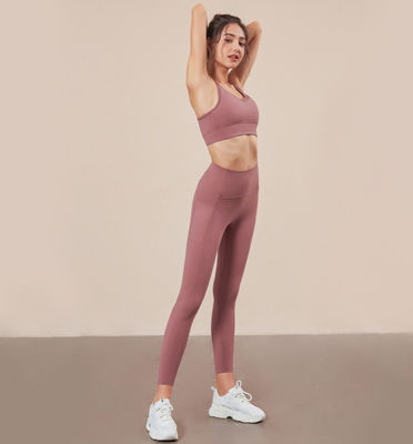 Sexy Fitness Sportswear Yoga Pants And Sports Bra Set Black Mesh  With Pockets