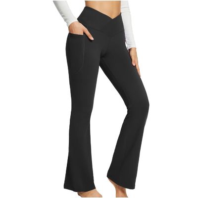Women'S High Waist Flare Pants Trendy Crossover Yoga Pants Workout Bell Bottom Leggings With Pockets
